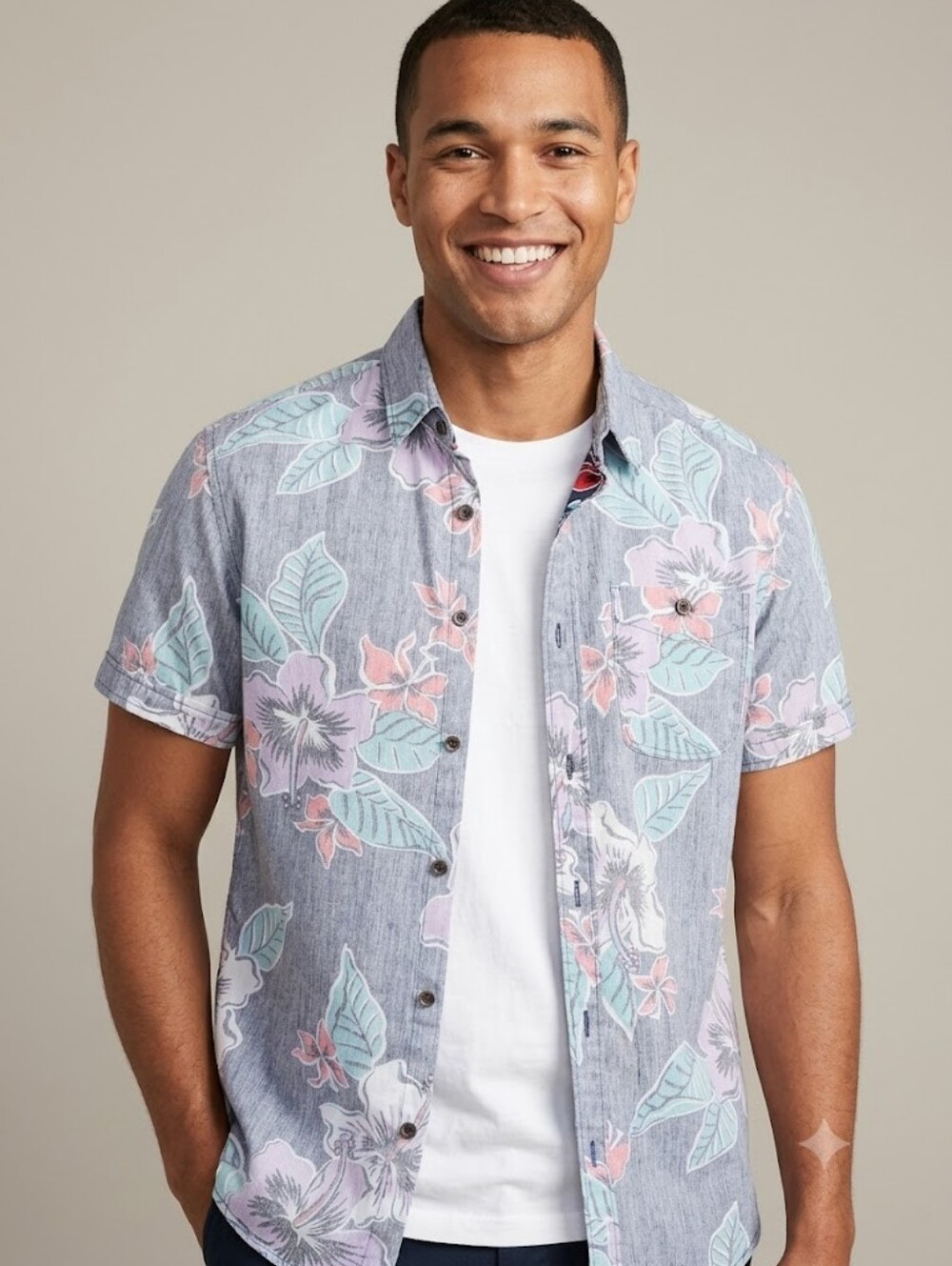 Men's Pastel Tropical Resort Shirt Floral Contrast Interior Hawaiian Aloha Beach